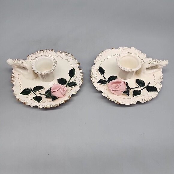 VINTAGE LEFTEN'S EXCLUSIVES PINK CANDLE STICK HOLDERS WITH PINK ROSES 4 1/2 INCH - Picture 1 of 5